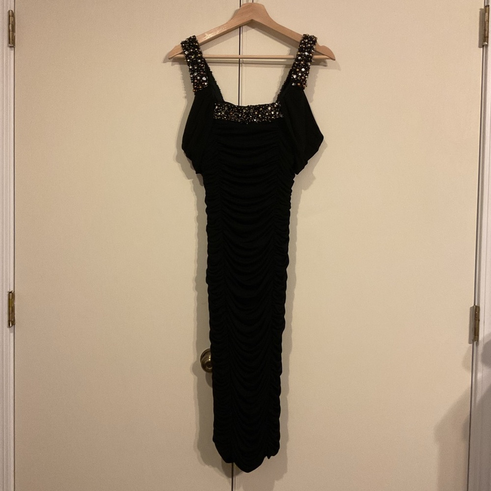 NWT Badgley Mischka Collection Off the Shoulder Beaded Stretch Body Con Midi 2